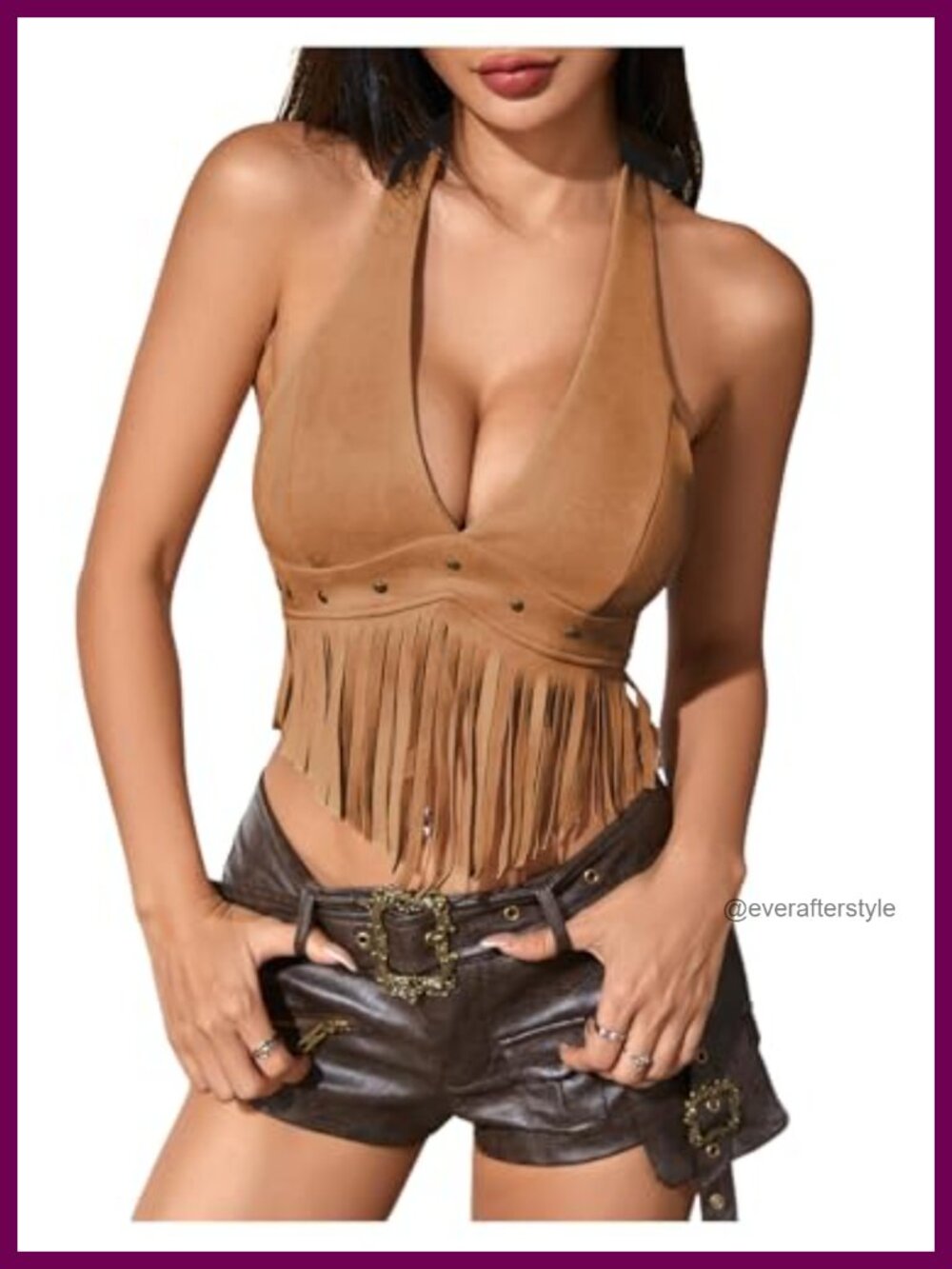 Faux Suede Fringe Halter Crop Top Sleeveless Western Y2K